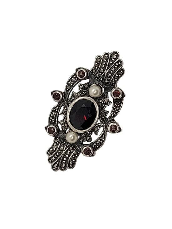 Estate Jewelry - Vintage Sterling Silver Marcasite Pearl Brooch Coquette Art Deco Pin